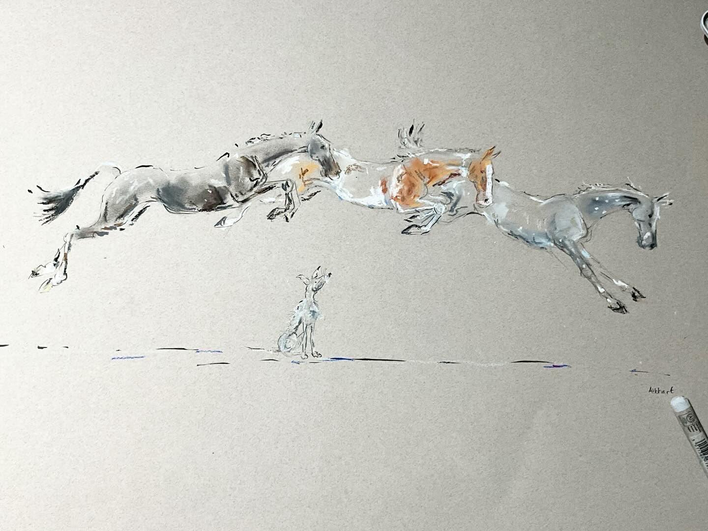 Three running horses — original artwork by Abbie Hart